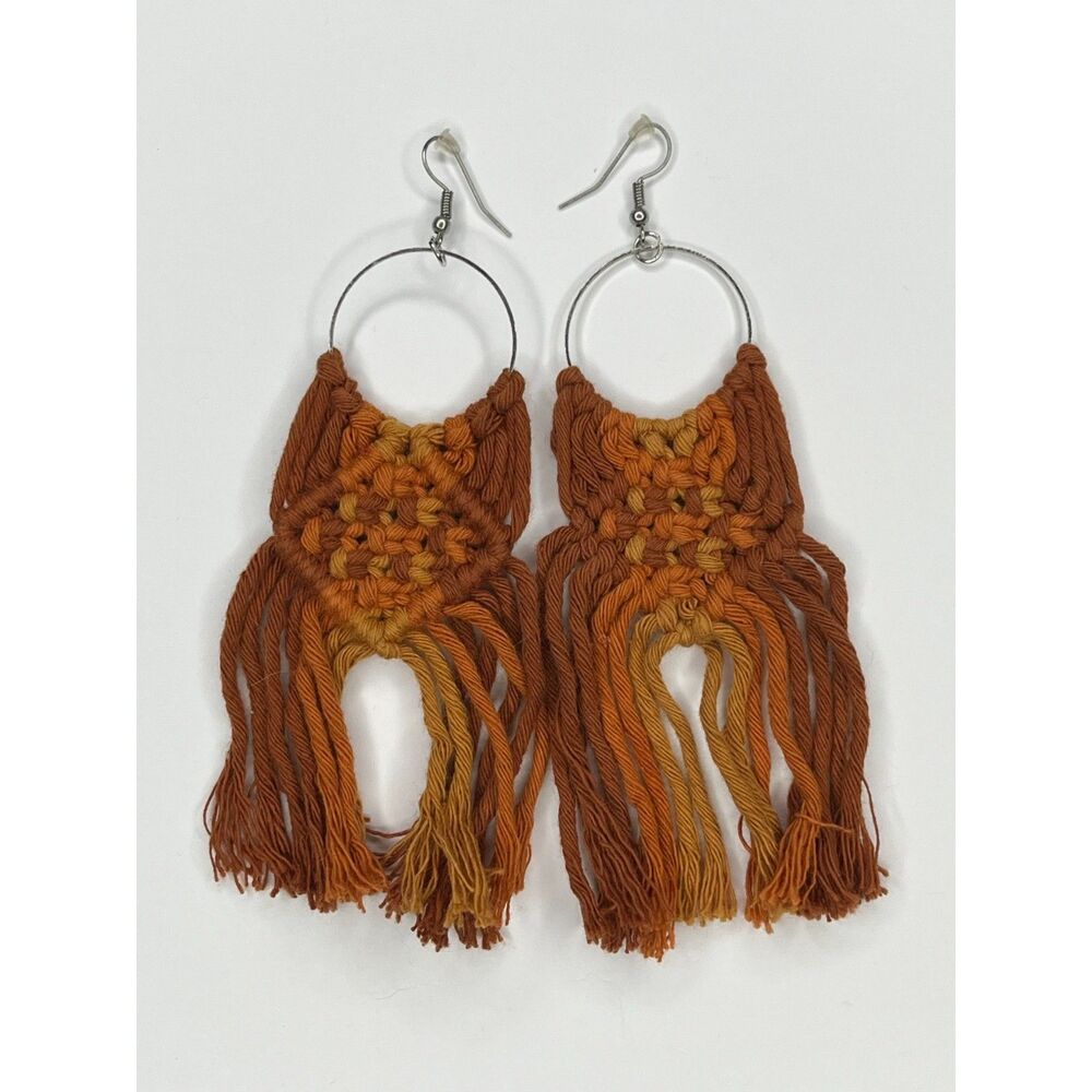 Handmade Boho Macramé Fringe Earrings - Sunset Orange and Yellow